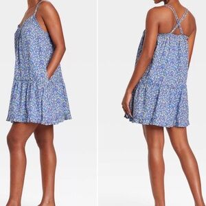 Universal Thread Blue Multi Floral Print Pintuck Mini Pocket Dress - size XL